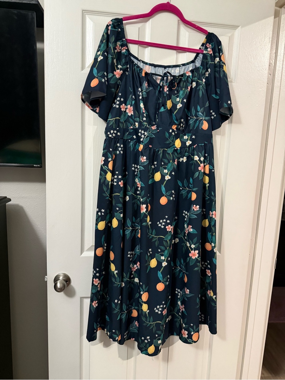 BloomChic Navy Off-Shoulder Citrus & Floral Midi Dress